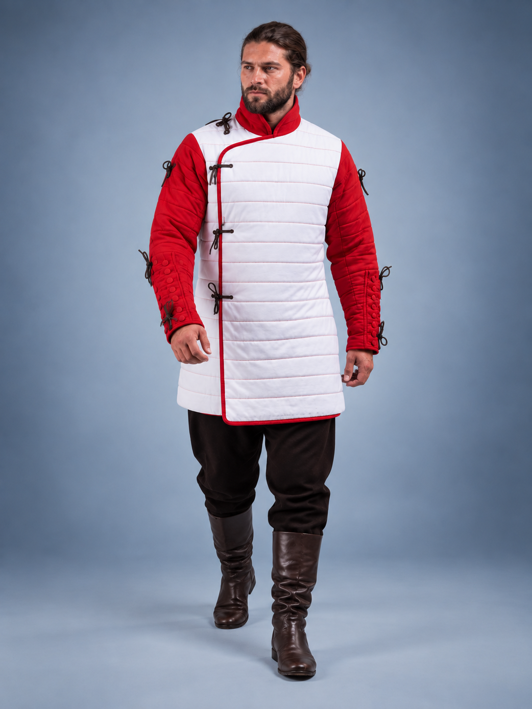Men's White & Red Medieval Quilted Gambeson – Padded Arming Coat for LARP, SCA & Historical Reenactment