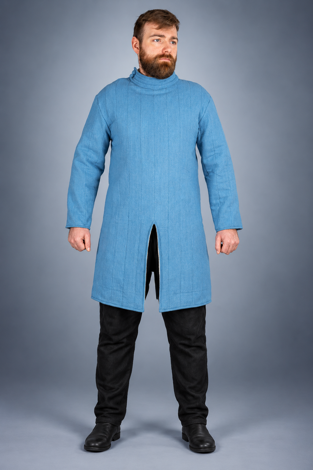 Men's Blue Medieval Quilted Gambeson – Long Padded Arming Coat with High Collar for LARP, SCA & Reenactment