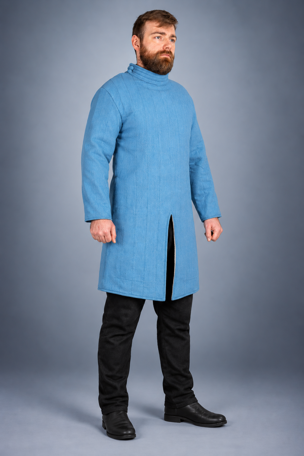 Men's Blue Medieval Quilted Gambeson – Long Padded Arming Coat with High Collar for LARP, SCA & Reenactment