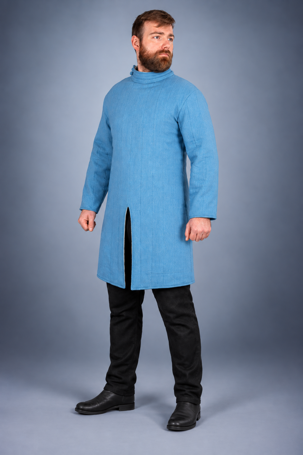 Men's Blue Medieval Quilted Gambeson – Long Padded Arming Coat with High Collar for LARP, SCA & Reenactment