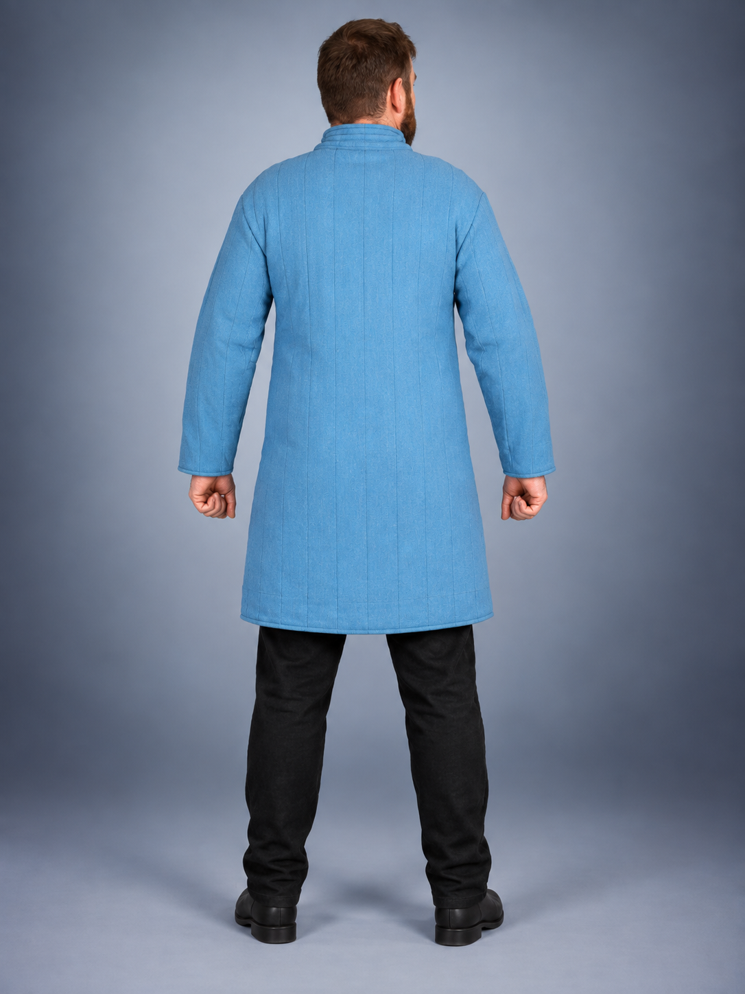 Men's Blue Medieval Quilted Gambeson – Long Padded Arming Coat with High Collar for LARP, SCA & Reenactment
