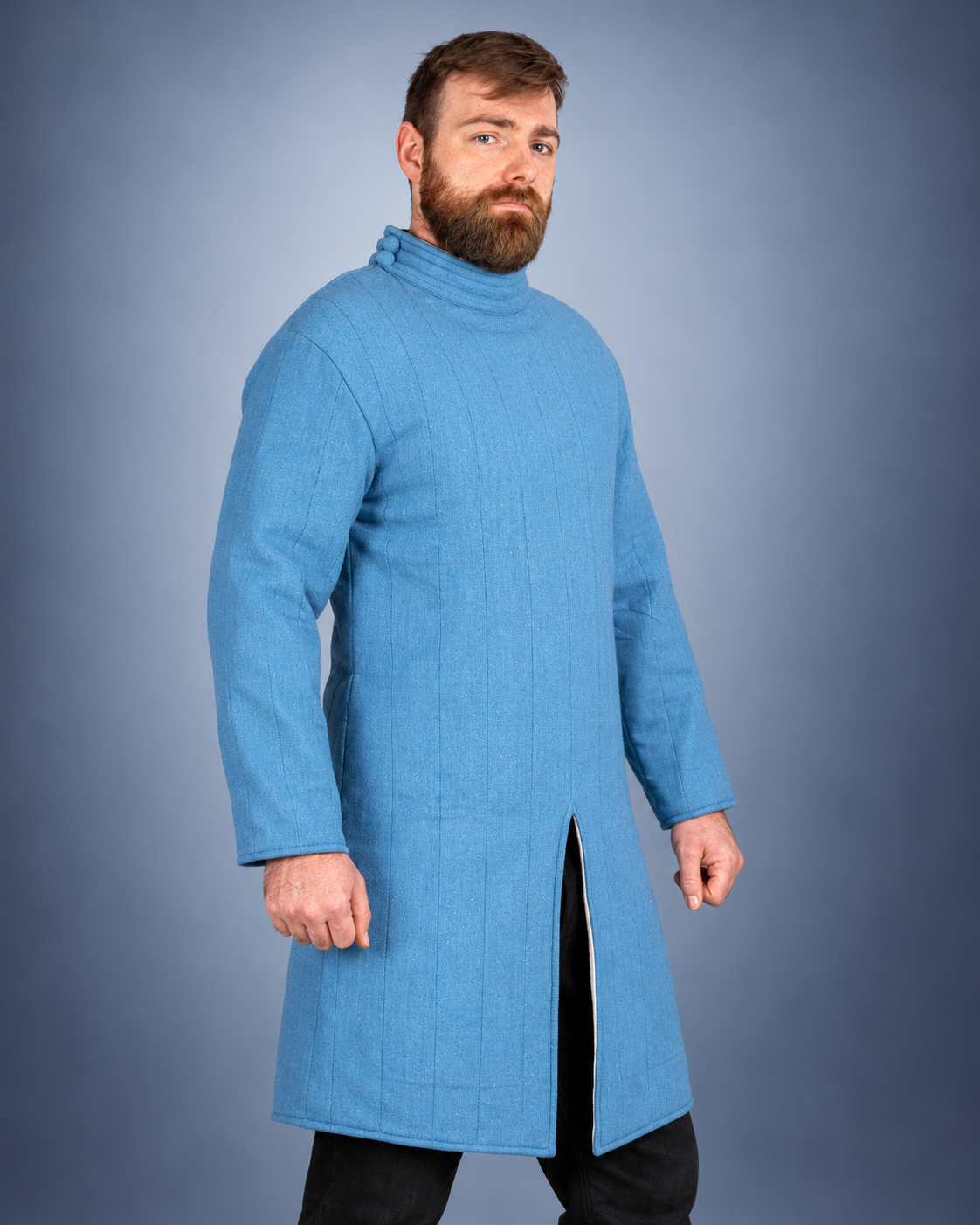 Men's Blue Medieval Quilted Gambeson – Long Padded Arming Coat with High Collar for LARP, SCA & Reenactment