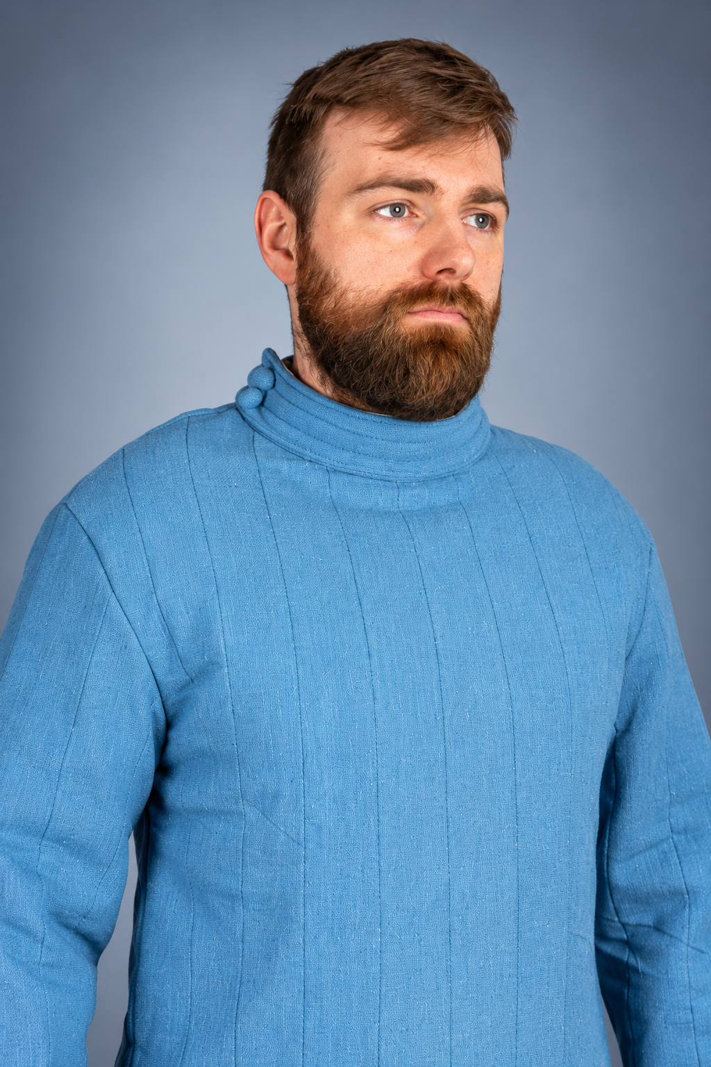 Men's Blue Medieval Quilted Gambeson – Long Padded Arming Coat with High Collar for LARP, SCA & Reenactment