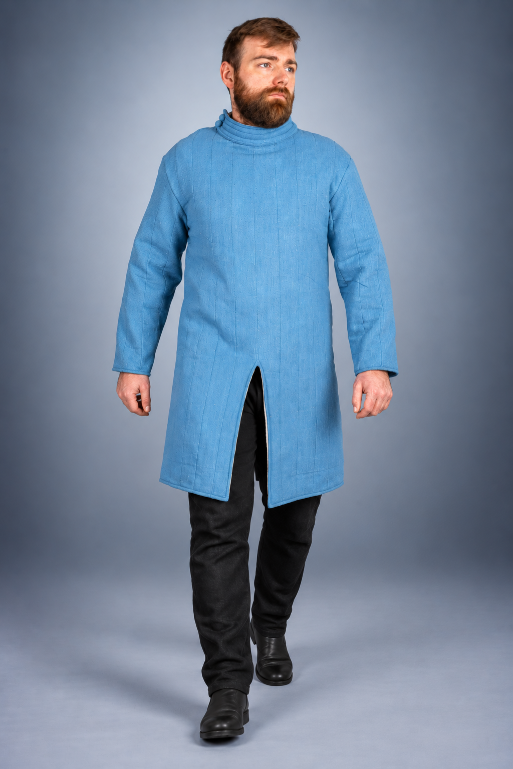 Men's Blue Medieval Quilted Gambeson – Long Padded Arming Coat with High Collar for LARP, SCA & Reenactment