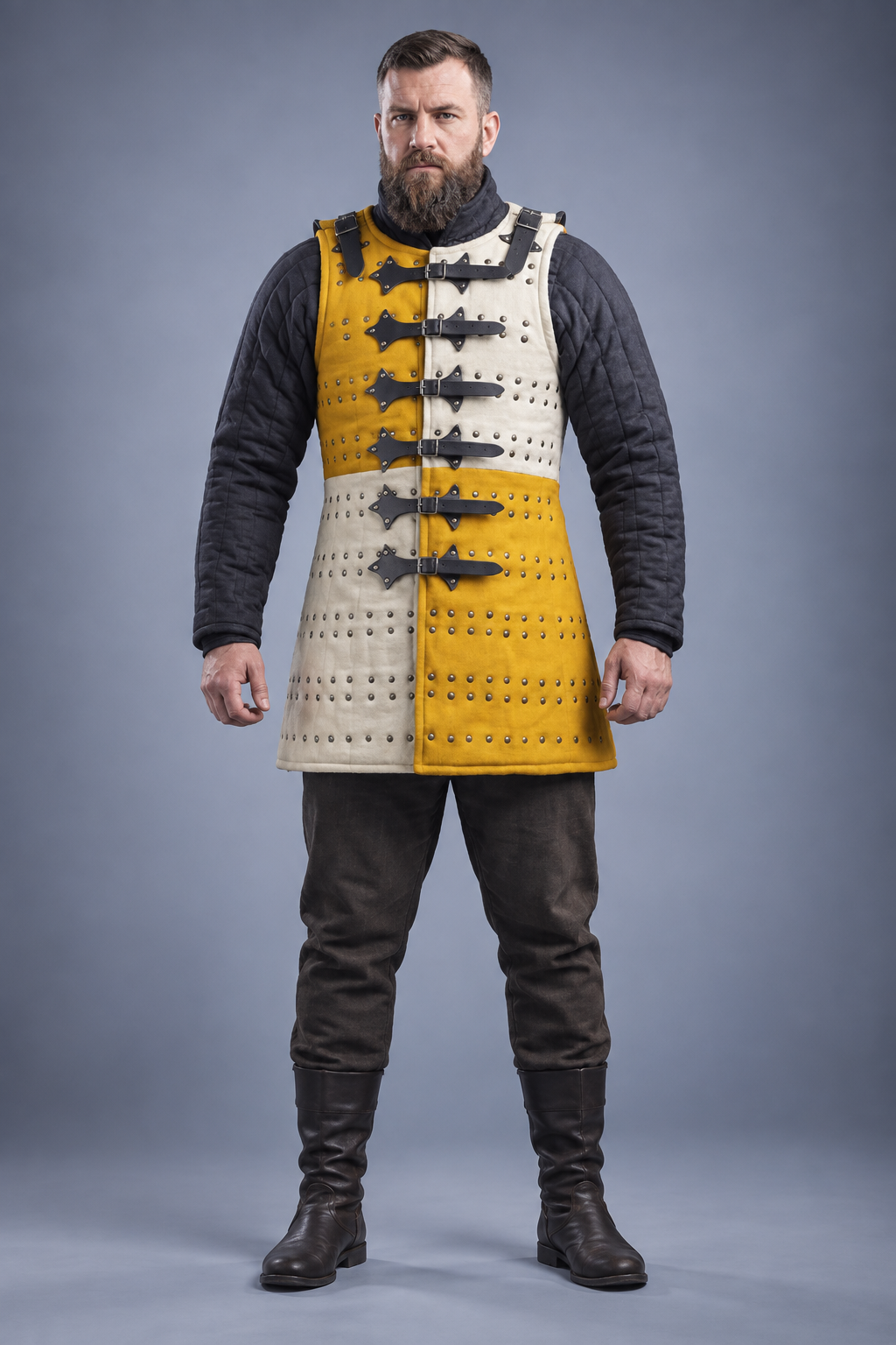 Men's Yellow & Ivory Medieval Brigandine Armor Vest – Riveted Coat of Plates with Leather Buckle Straps for LARP & Reenactment