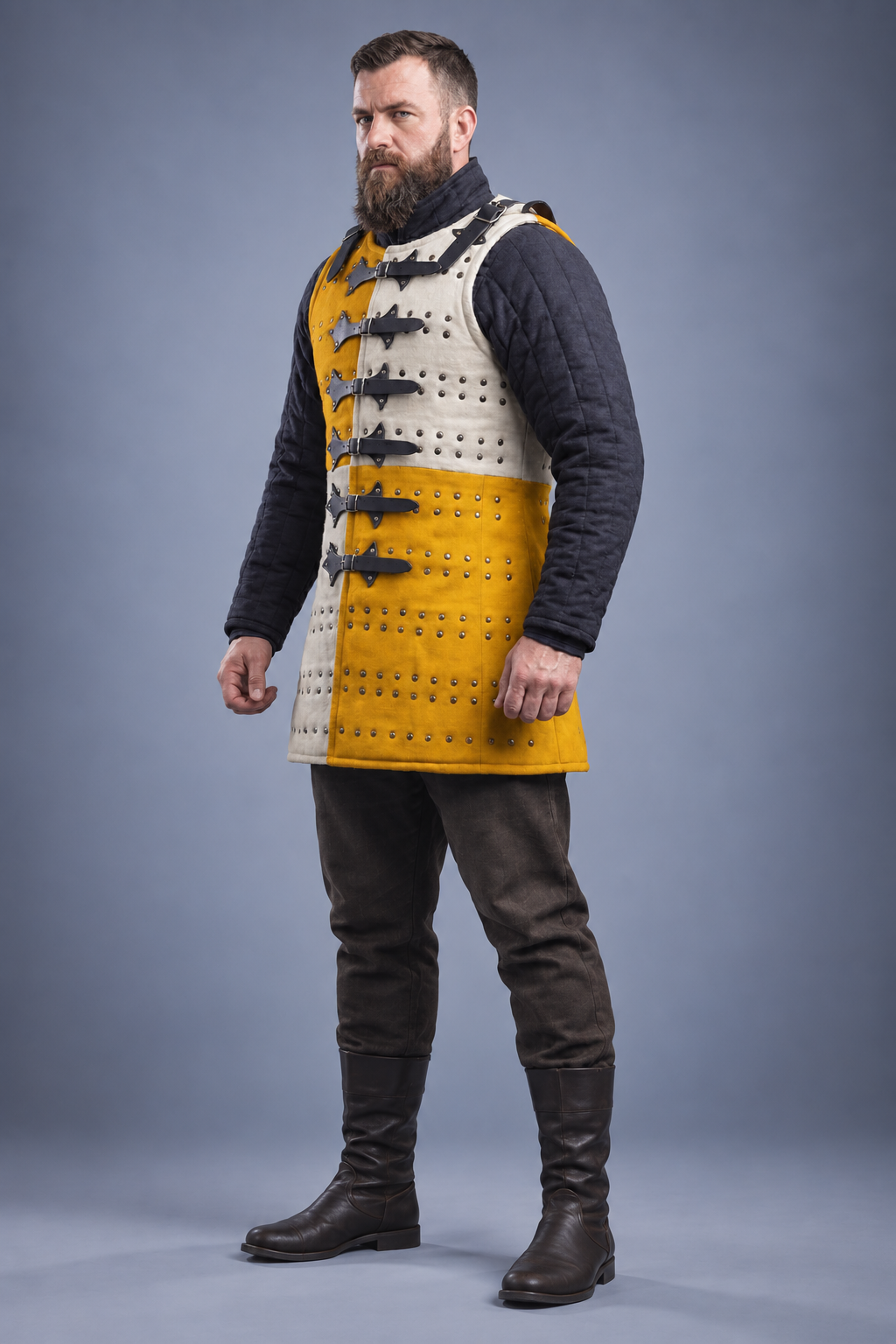 Men's Yellow & Ivory Medieval Brigandine Armor Vest – Riveted Coat of Plates with Leather Buckle Straps for LARP & Reenactment