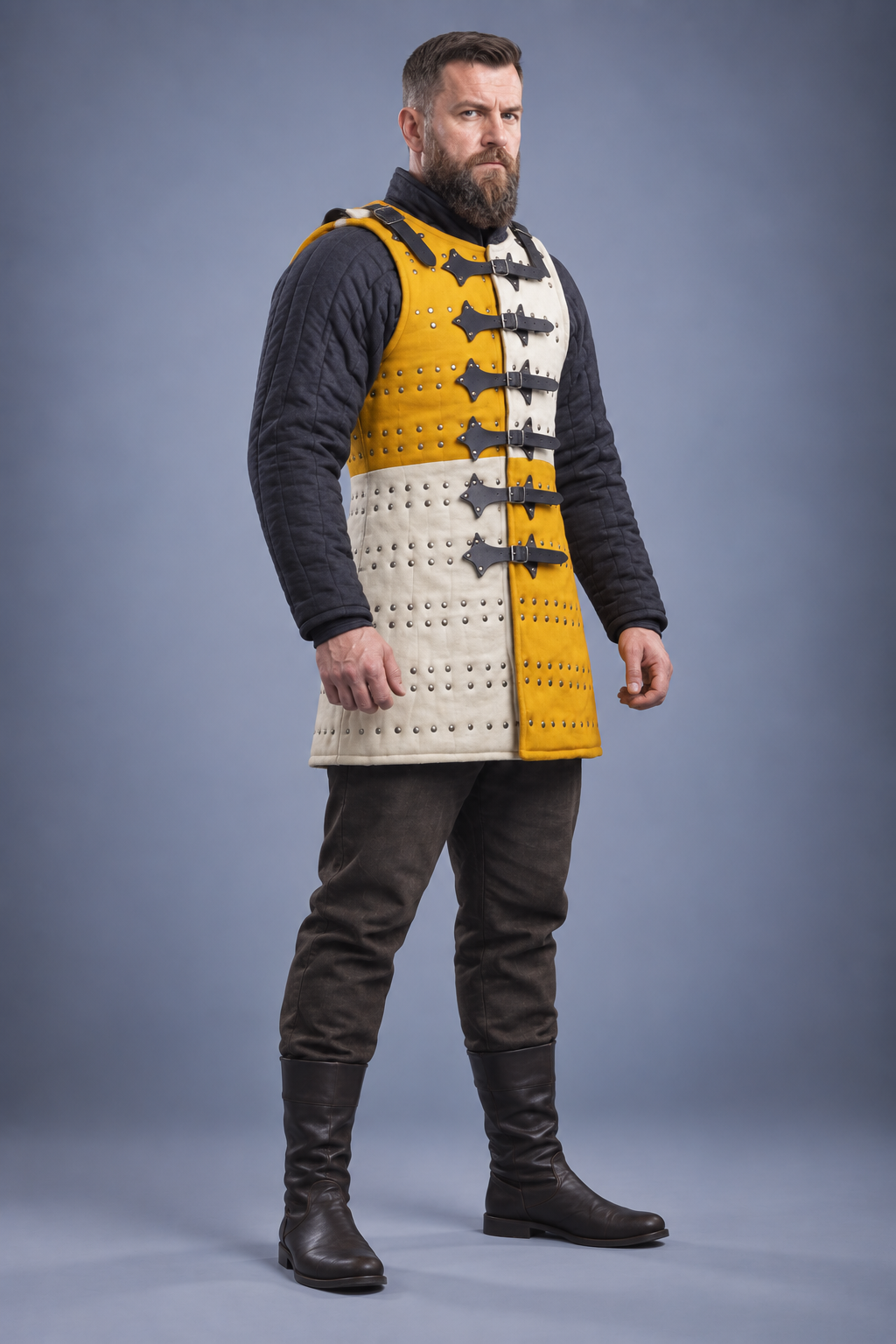 Men's Yellow & Ivory Medieval Brigandine Armor Vest – Riveted Coat of Plates with Leather Buckle Straps for LARP & Reenactment