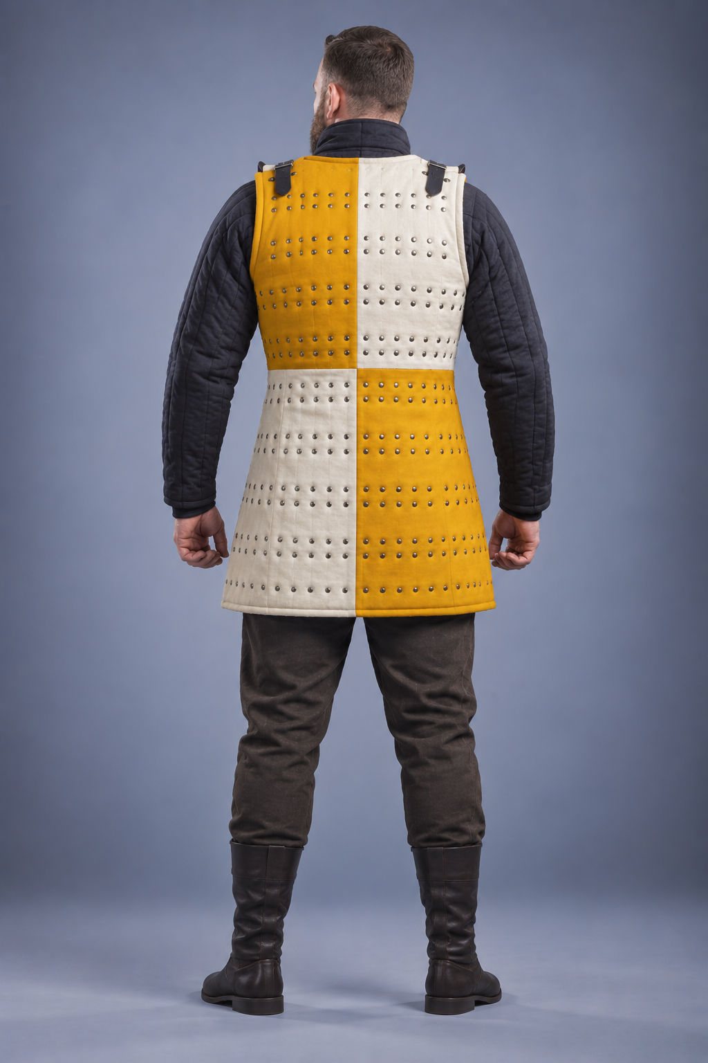 Men's Yellow & Ivory Medieval Brigandine Armor Vest – Riveted Coat of Plates with Leather Buckle Straps for LARP & Reenactment