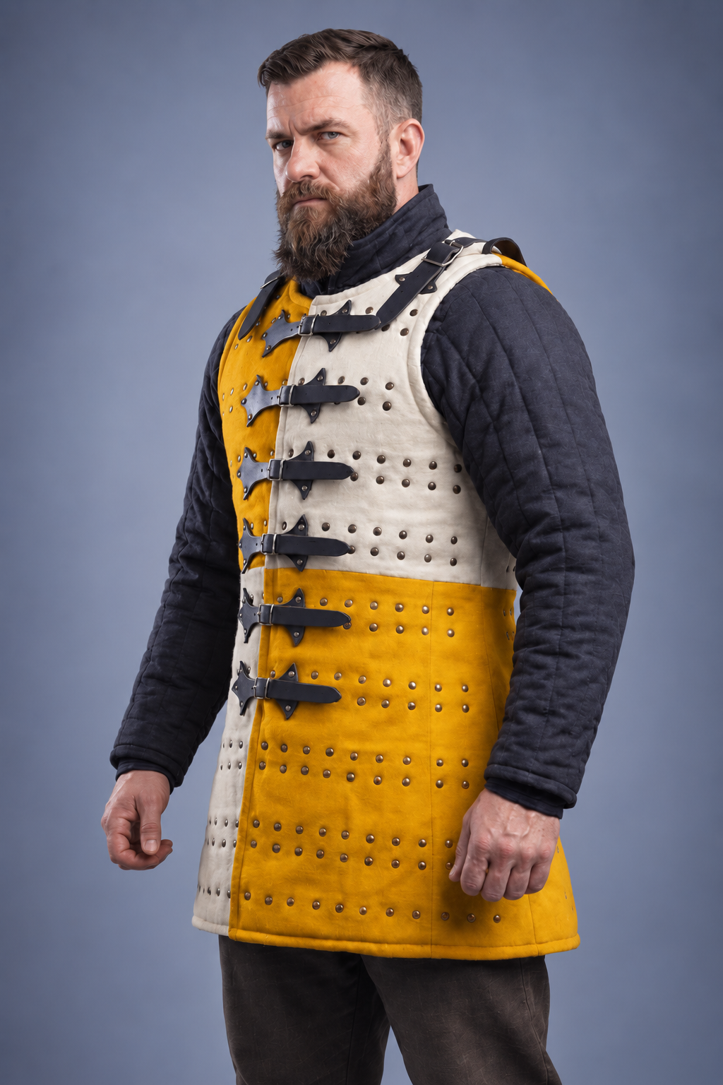 Men's Yellow & Ivory Medieval Brigandine Armor Vest – Riveted Coat of Plates with Leather Buckle Straps for LARP & Reenactment