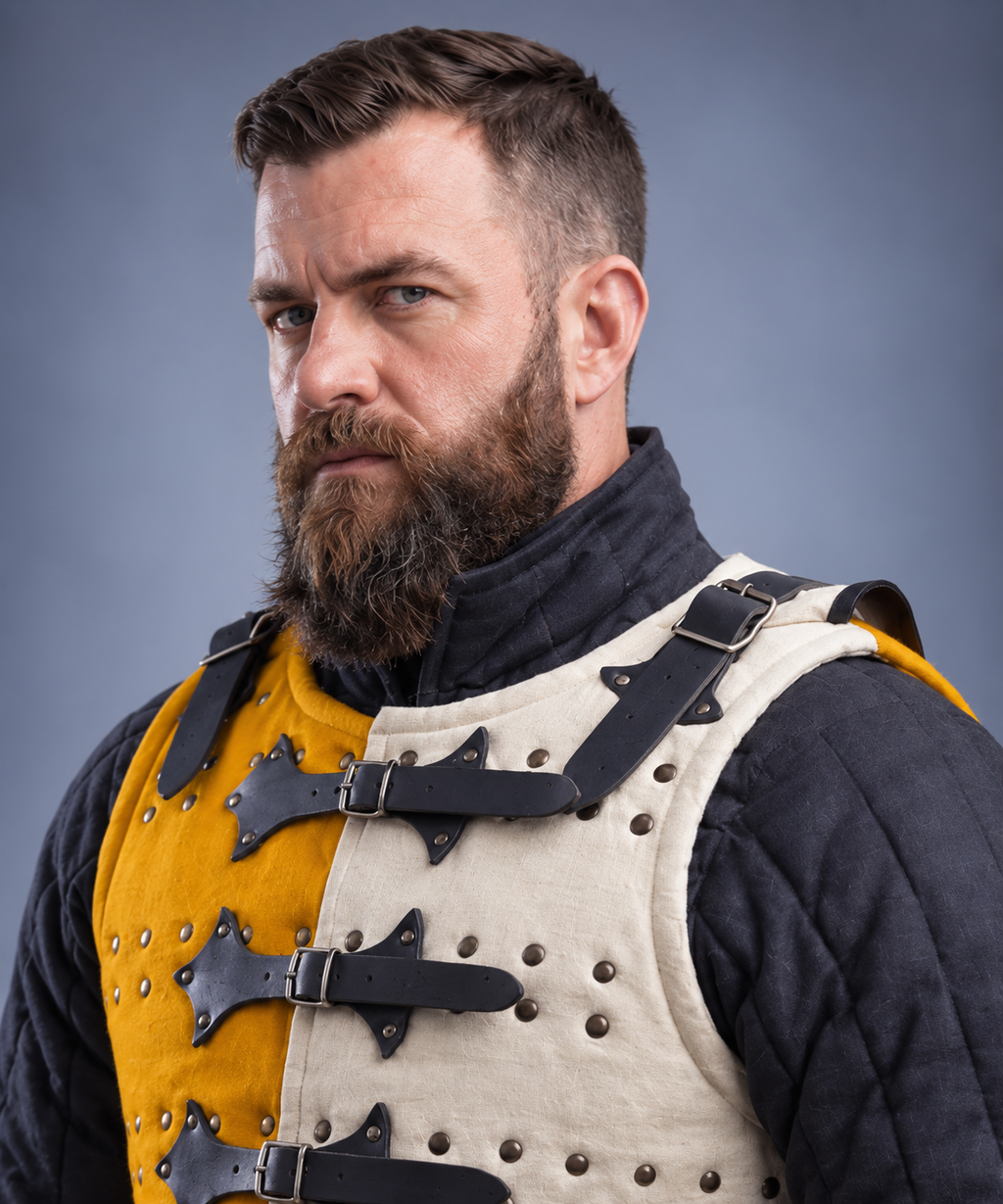 Men's Yellow & Ivory Medieval Brigandine Armor Vest – Riveted Coat of Plates with Leather Buckle Straps for LARP & Reenactment