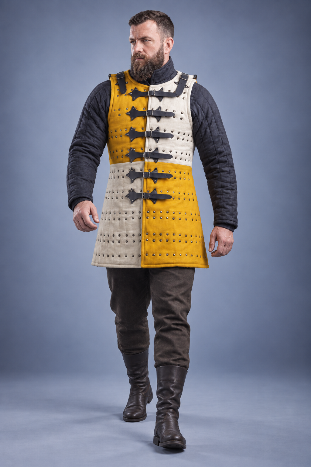 Men's Yellow & Ivory Medieval Brigandine Armor Vest – Riveted Coat of Plates with Leather Buckle Straps for LARP & Reenactment