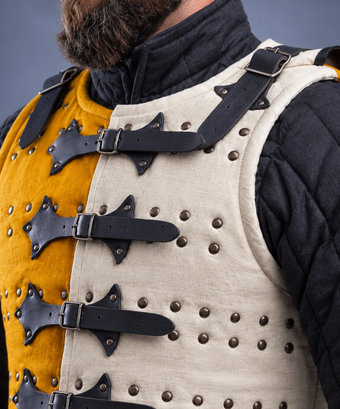 Men's Yellow & Ivory Medieval Brigandine Armor Vest – Riveted Coat of Plates with Leather Buckle Straps for LARP & Reenactment