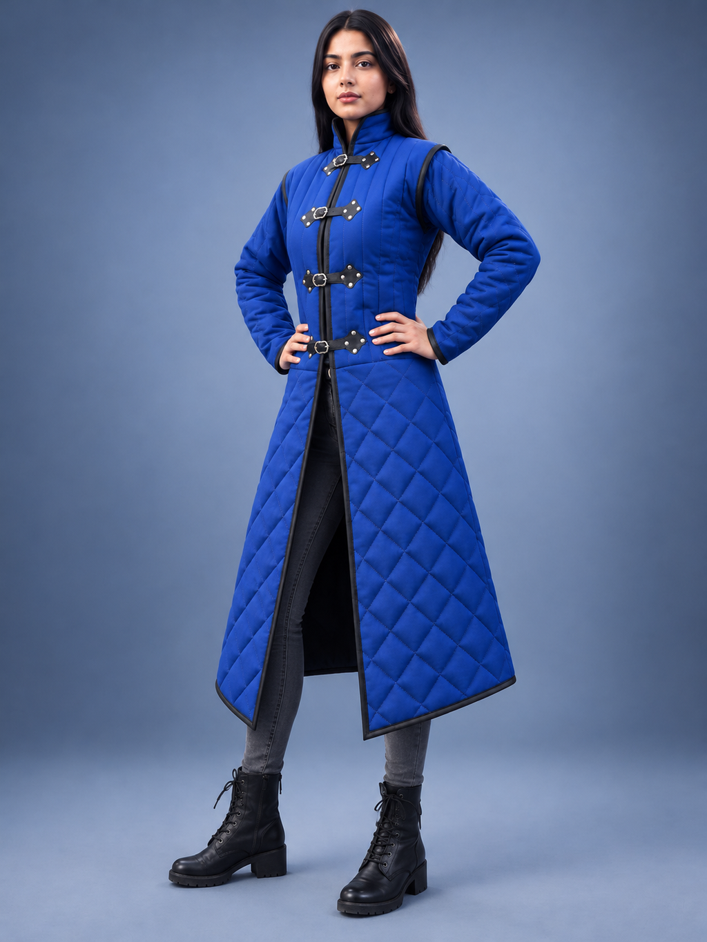 Women's Blue Quilted Gambeson Coat, Medieval LARP Warrior Outfit