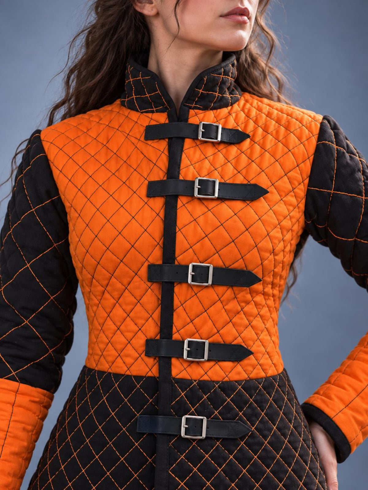 Women's Medieval Gambeson Jacket, Orange Black Quilted Padded Armor, LARP Knight Costume