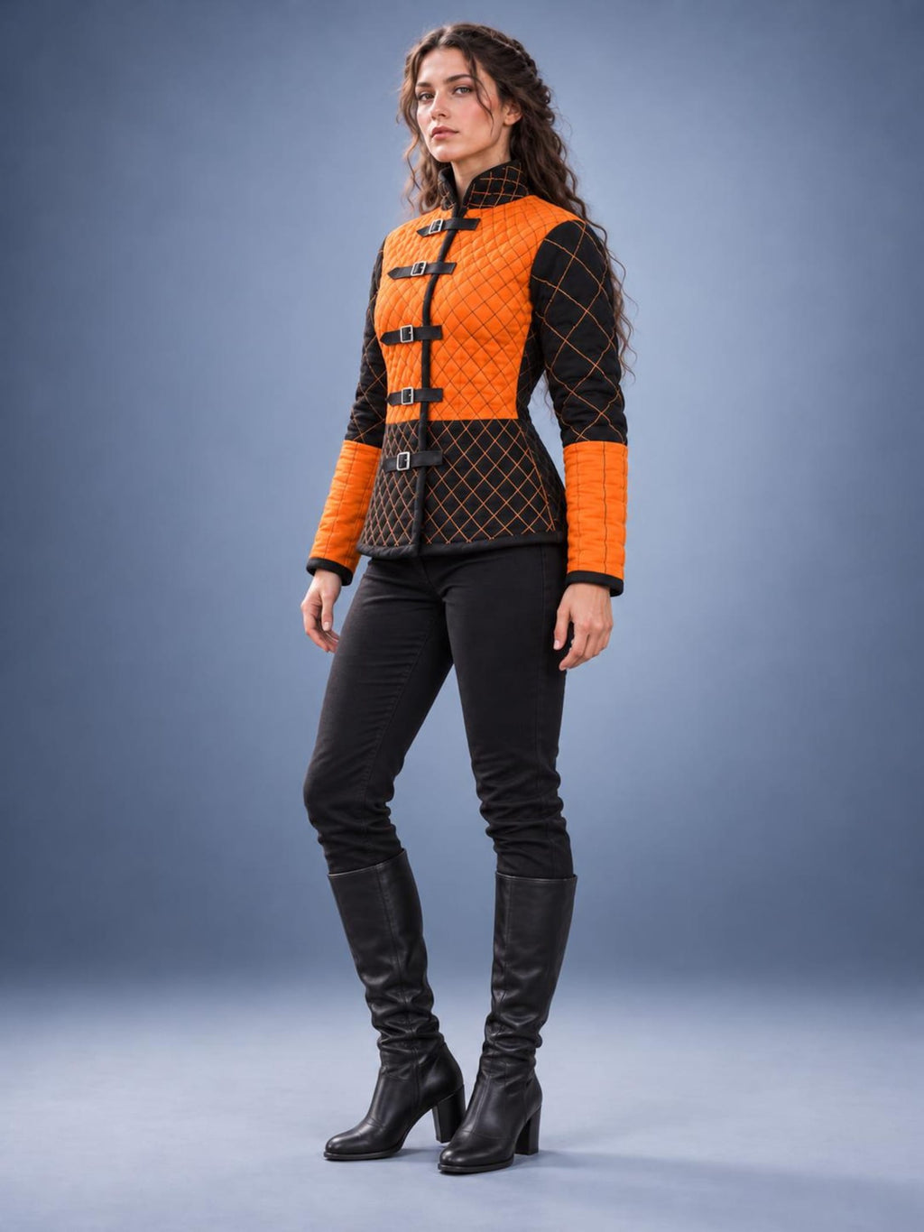 Women's Medieval Gambeson Jacket, Orange Black Quilted Padded Armor, LARP Knight Costume