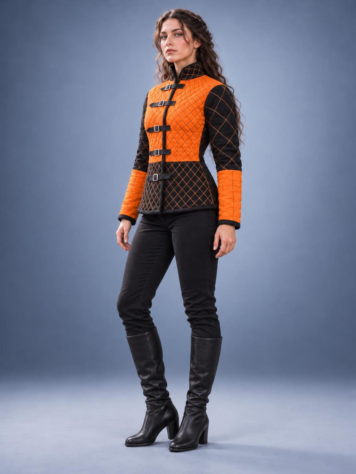 Women's Medieval Gambeson Jacket, Orange Black Quilted Padded Armor, LARP Knight Costume