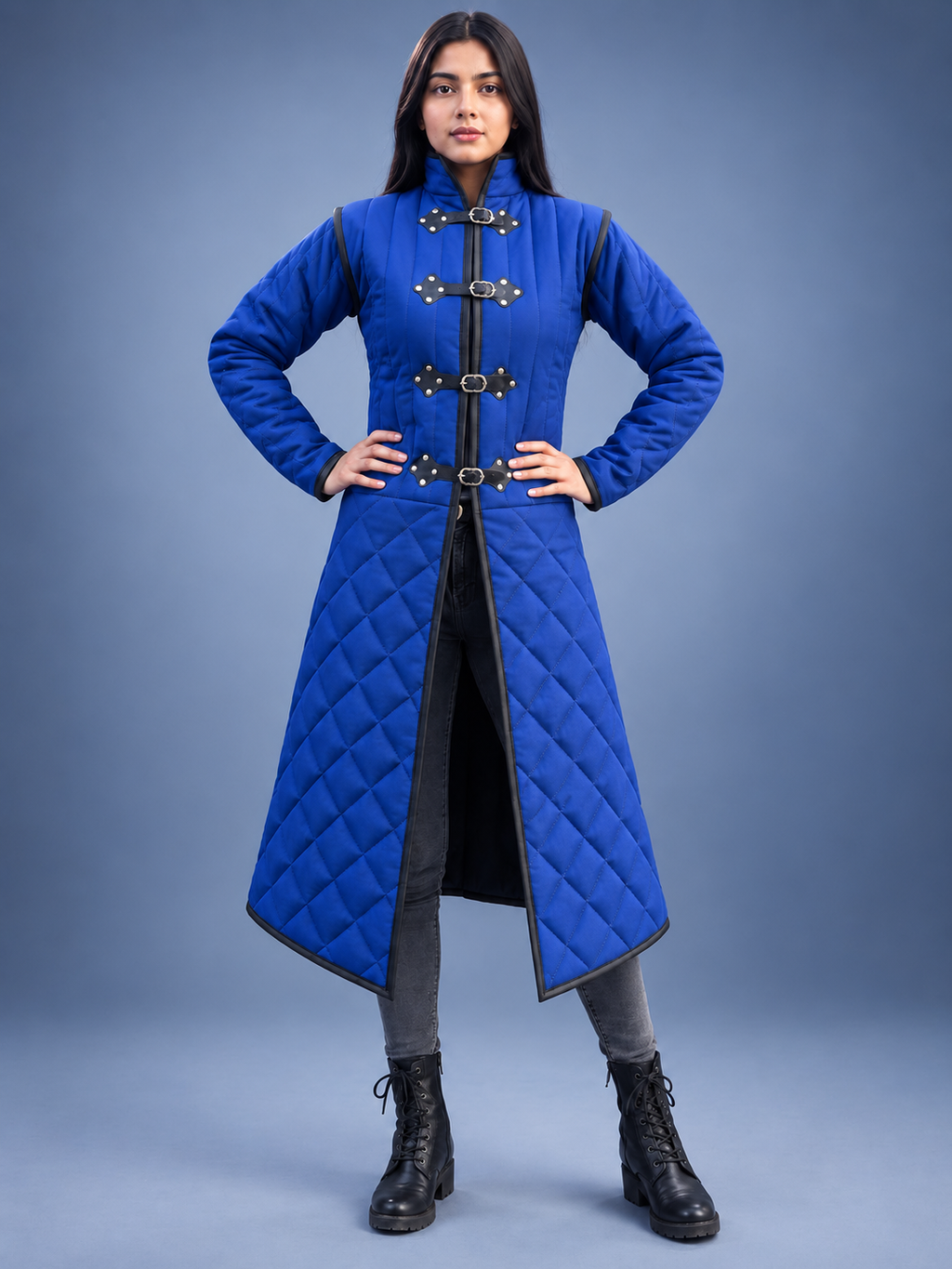 Women's Blue Quilted Gambeson Coat, Medieval LARP Warrior Outfit