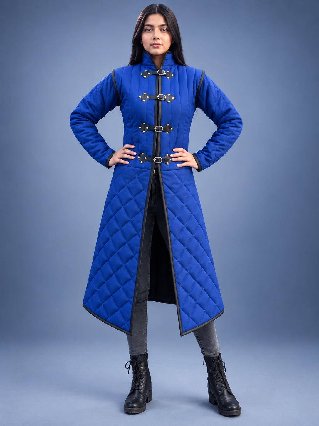 Women's Blue Quilted Gambeson Coat, Medieval LARP Warrior Outfit