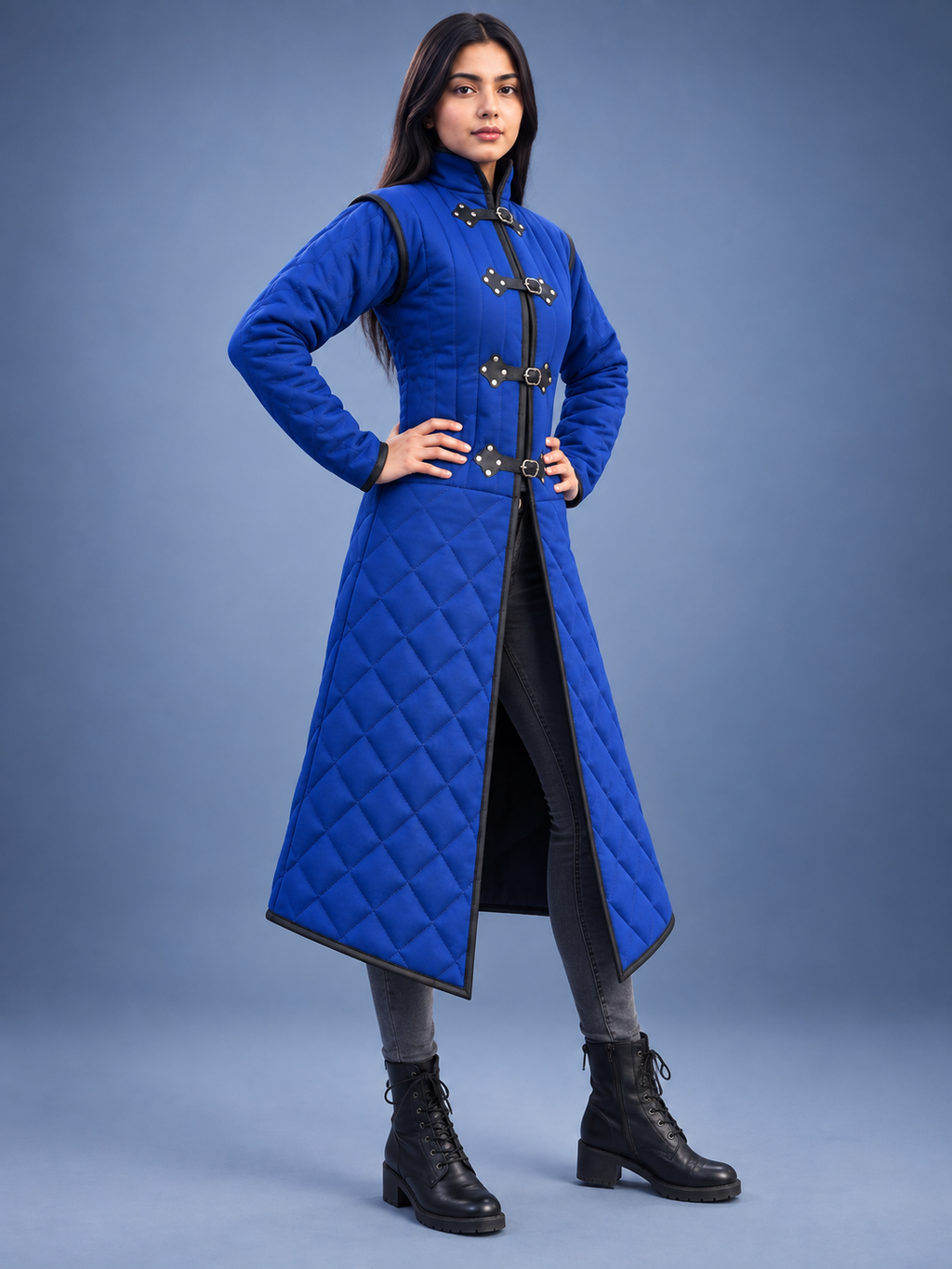 Women's Blue Quilted Gambeson Coat, Medieval LARP Warrior Outfit