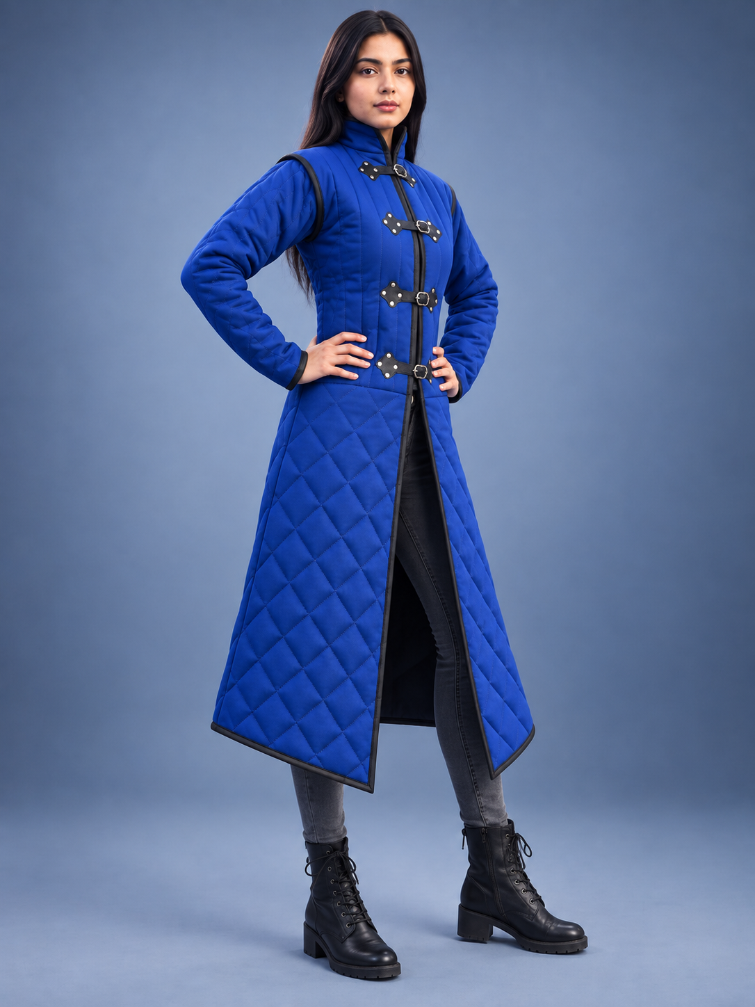 Women's Blue Quilted Gambeson Coat, Medieval LARP Warrior Outfit