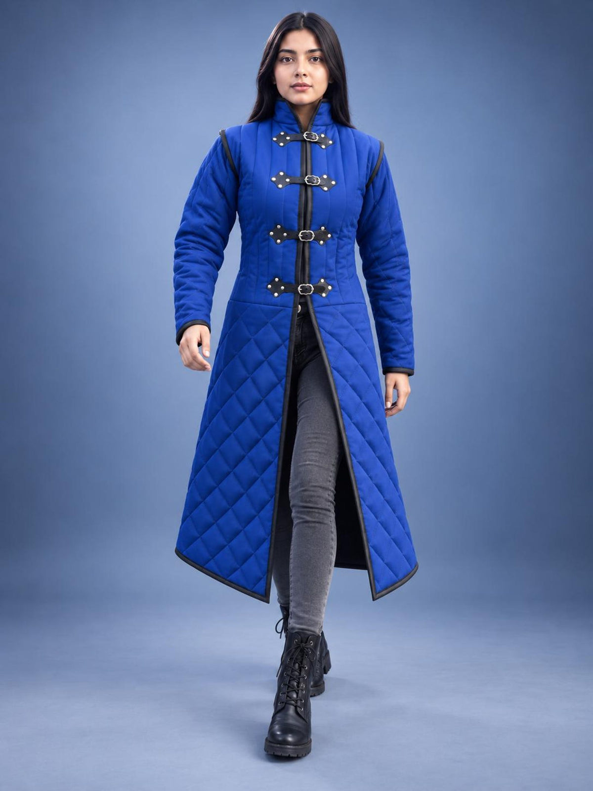 Women's Blue Quilted Gambeson Coat, Medieval LARP Warrior Outfit