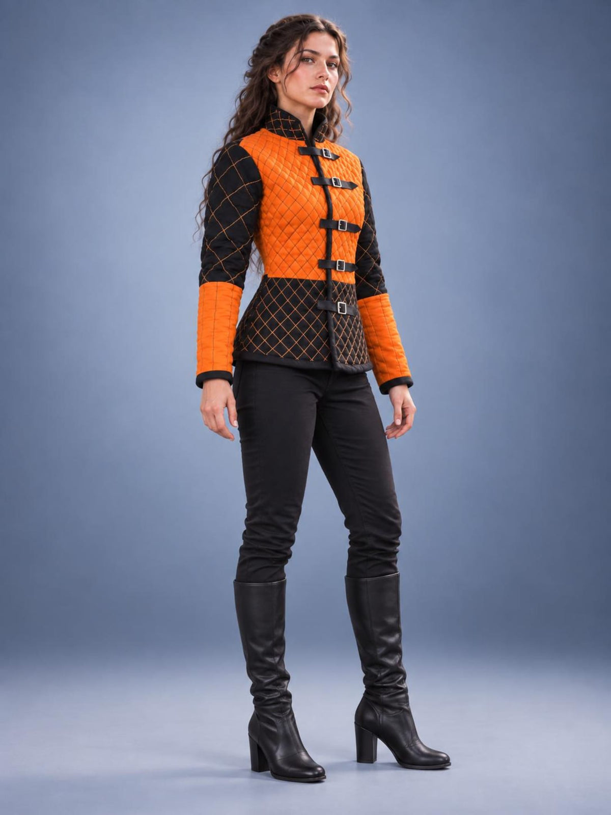 Women's Medieval Gambeson Jacket, Orange Black Quilted Padded Armor, LARP Knight Costume