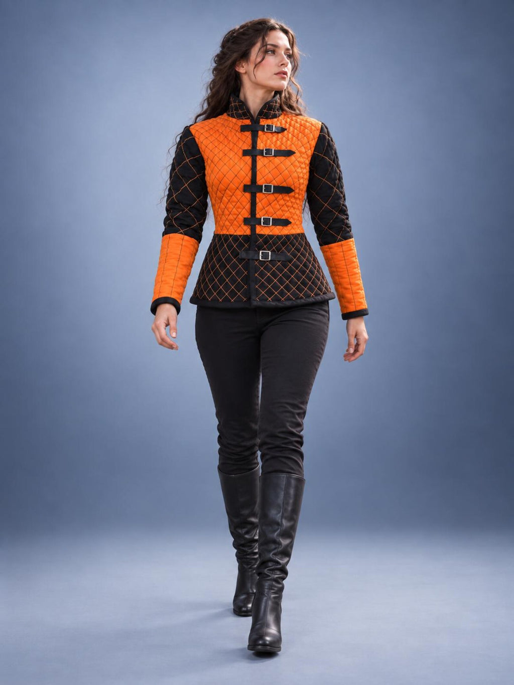 Women's Medieval Gambeson Jacket, Orange Black Quilted Padded Armor, LARP Knight Costume