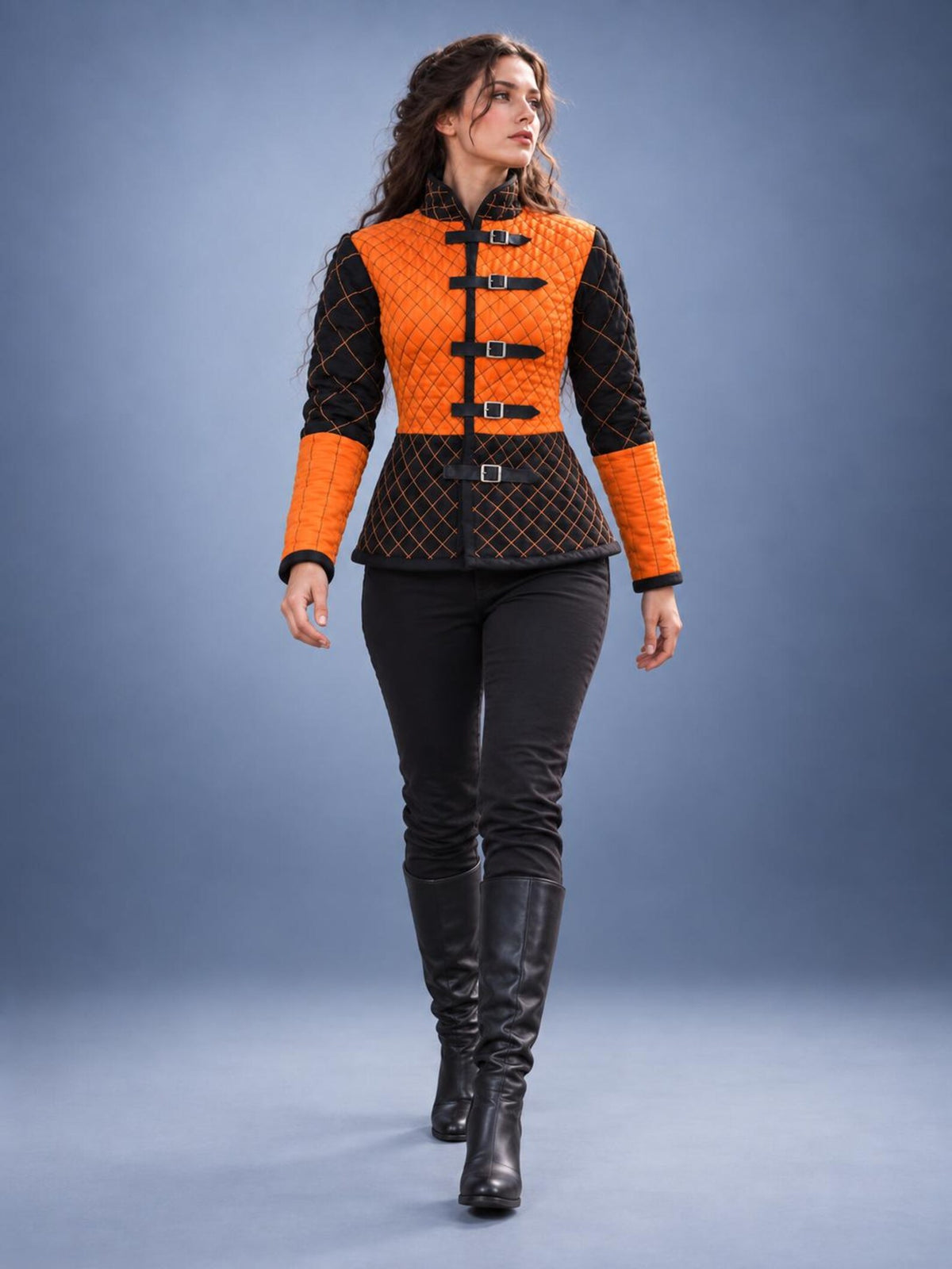 Women's Medieval Gambeson Jacket, Orange Black Quilted Padded Armor, LARP Knight Costume