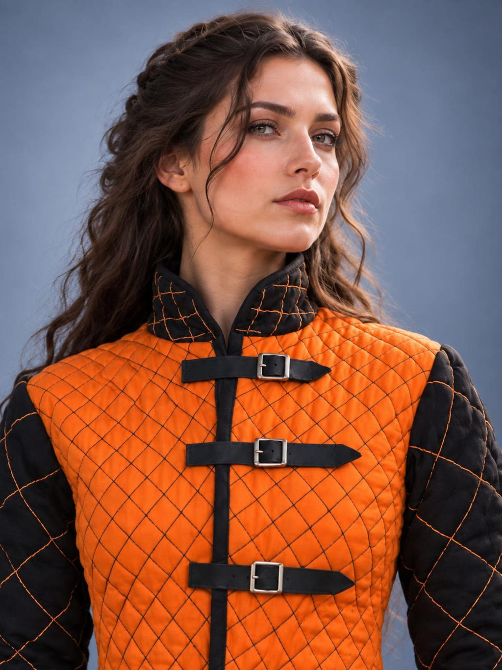 Women's Medieval Gambeson Jacket, Orange Black Quilted Padded Armor, LARP Knight Costume