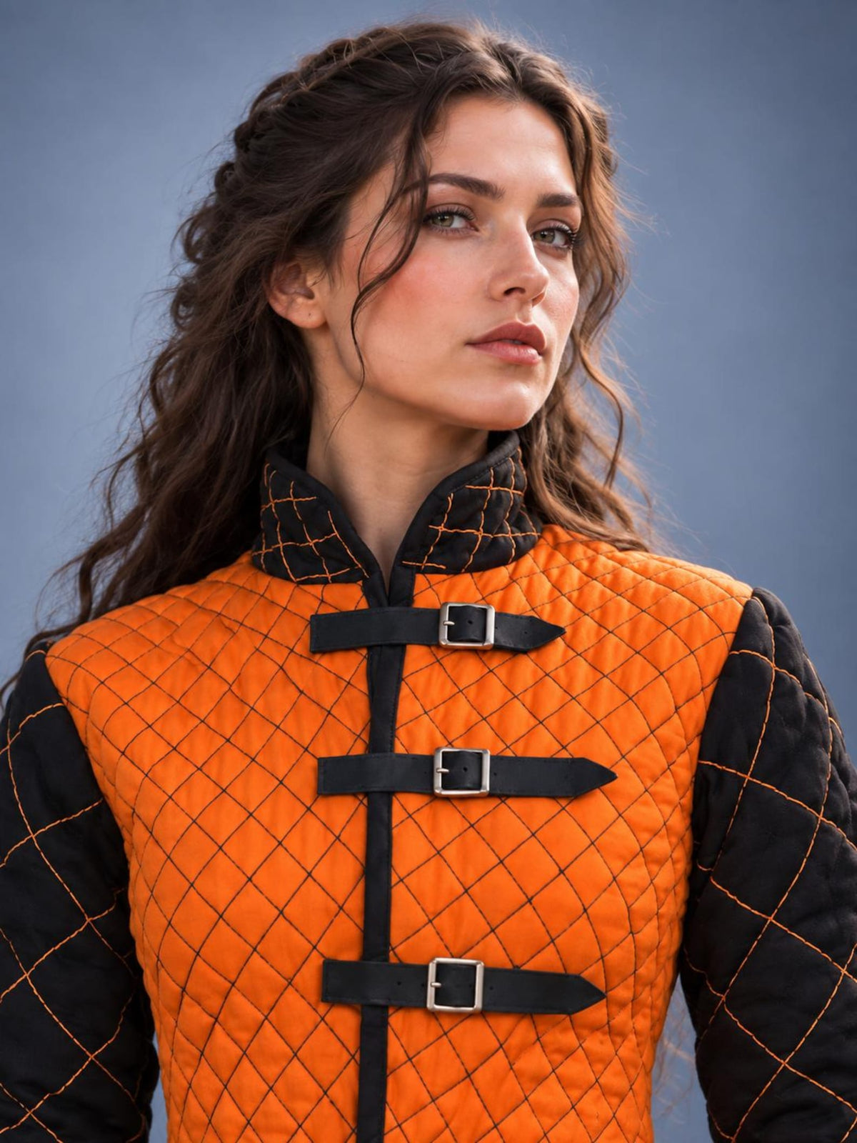 Women's Medieval Gambeson Jacket, Orange Black Quilted Padded Armor, LARP Knight Costume