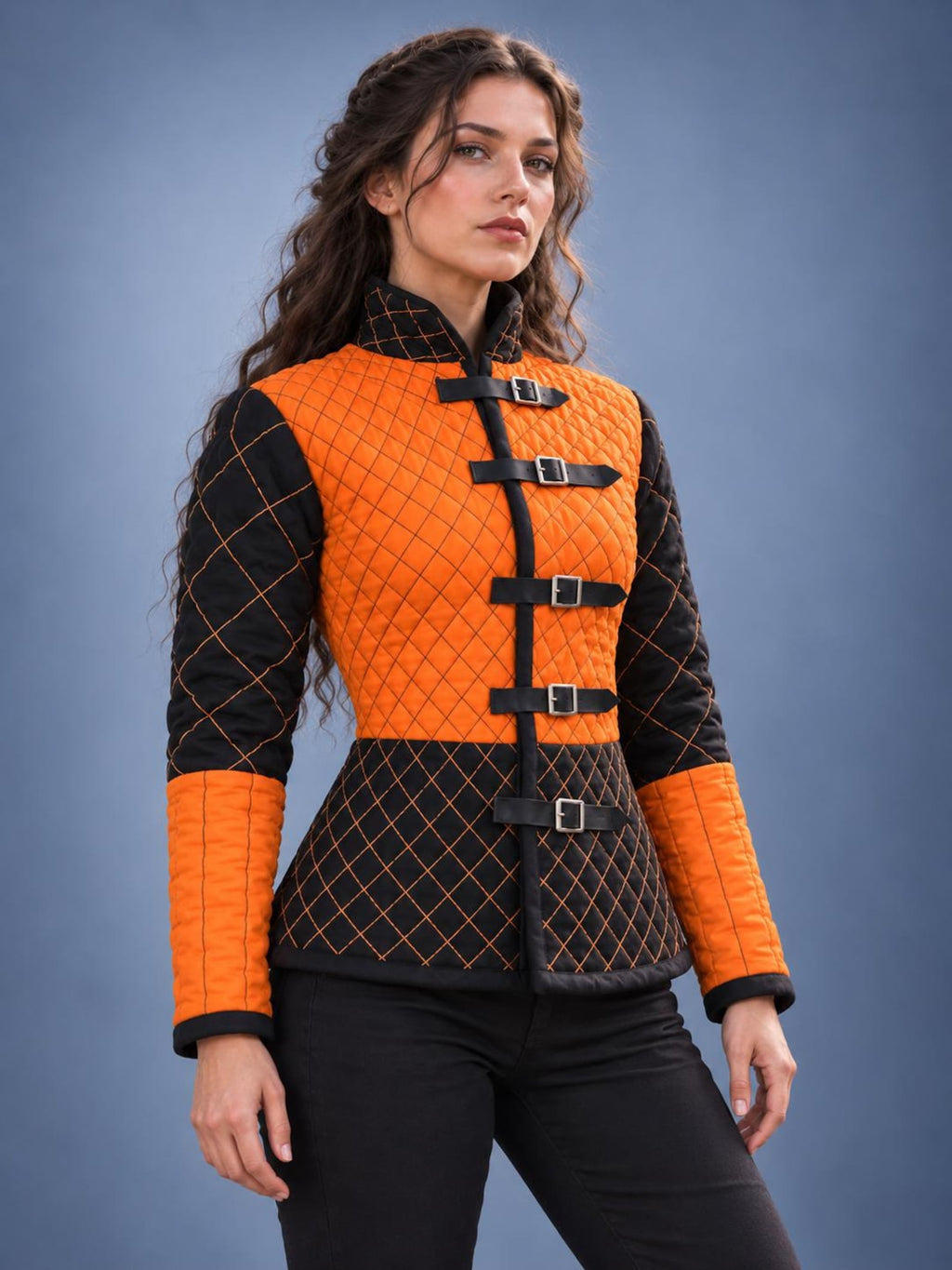 Women's Medieval Gambeson Jacket, Orange Black Quilted Padded Armor, LARP Knight Costume