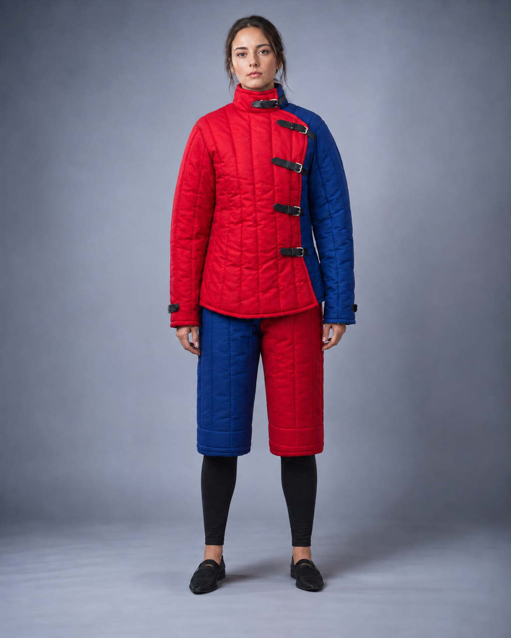 Women’s Medieval Gambeson – Red & Blue Quilted Padded Armor Set