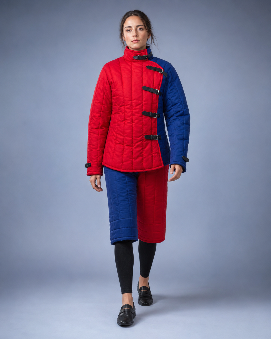 Women’s Medieval Gambeson – Red & Blue Quilted Padded Armor Set