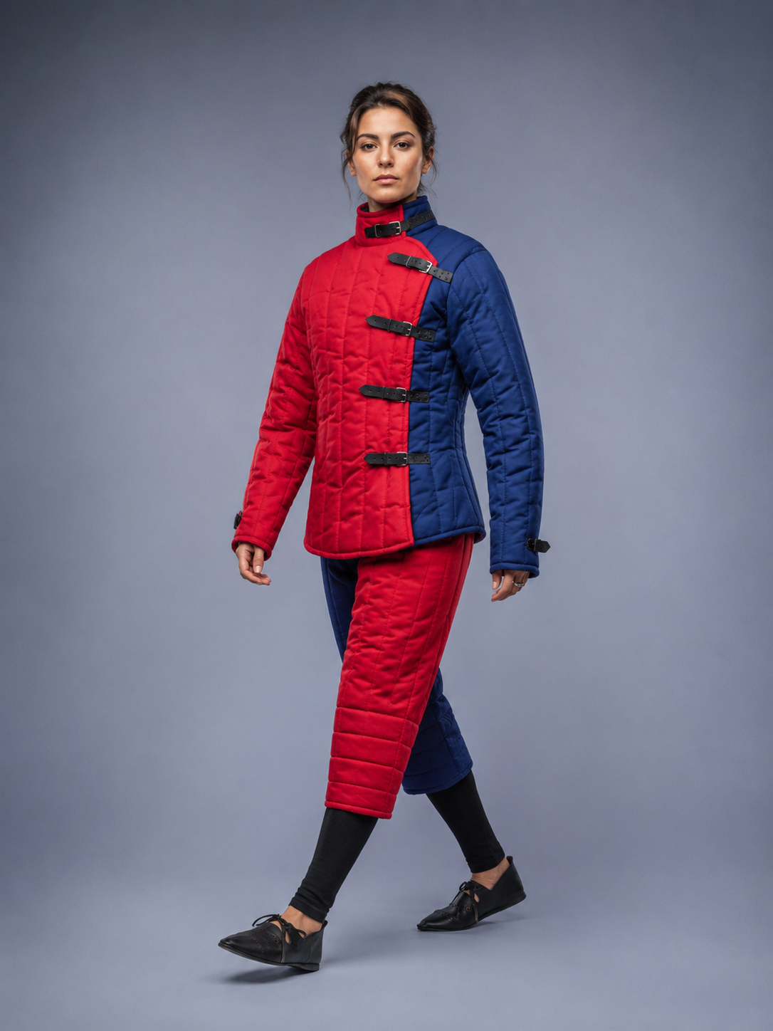 Women’s Medieval Gambeson – Red & Blue Quilted Padded Armor Set