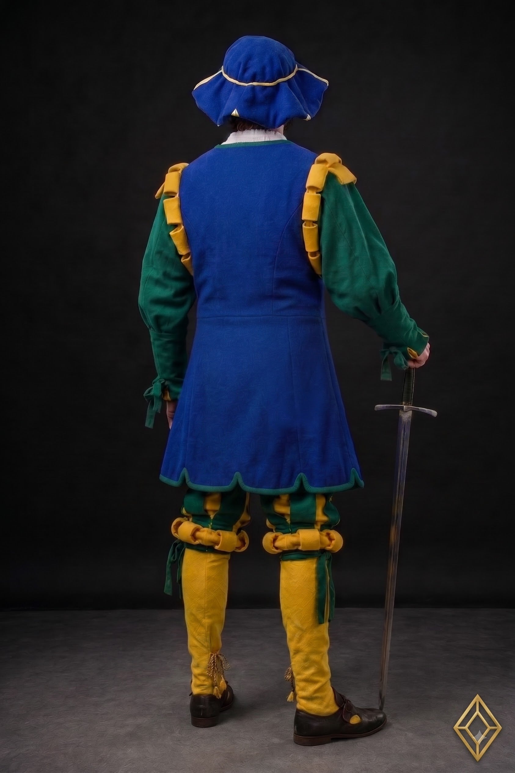Men’s Medieval Landsknecht Jester Costume – Blue, Green & Gold Renaissance Courtier Outfit
