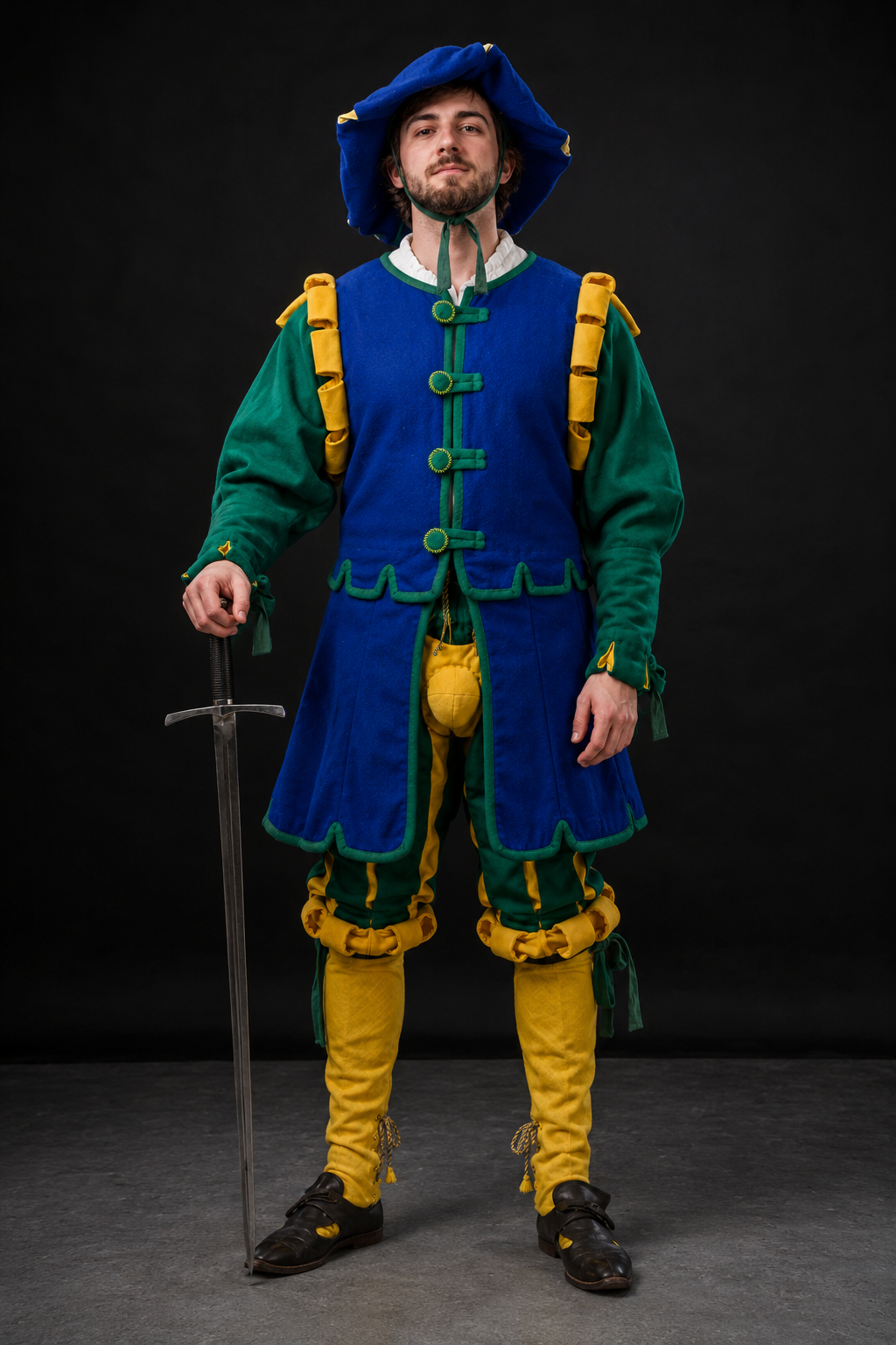 Men’s Medieval Landsknecht Jester Costume – Blue, Green & Gold Renaissance Courtier Outfit