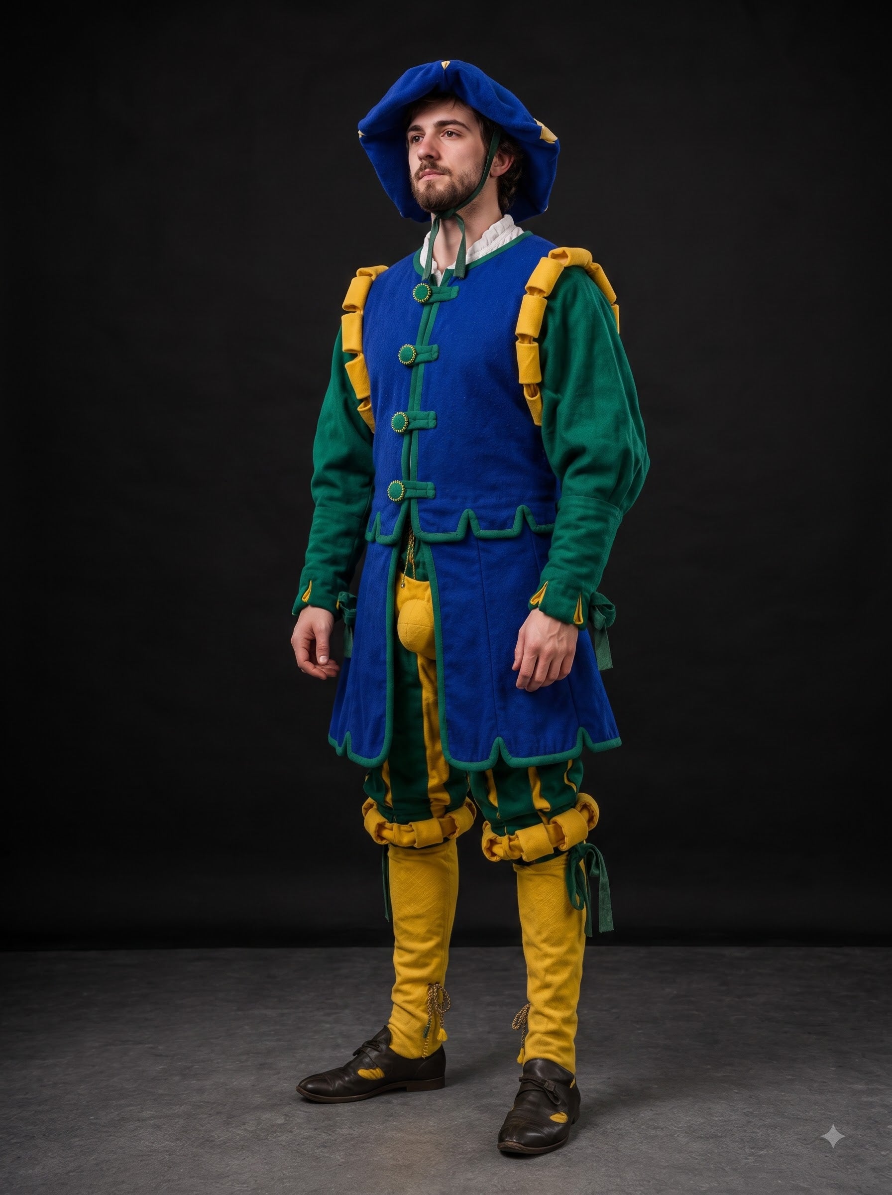 Men’s Medieval Landsknecht Jester Costume – Blue, Green & Gold Renaissance Courtier Outfit