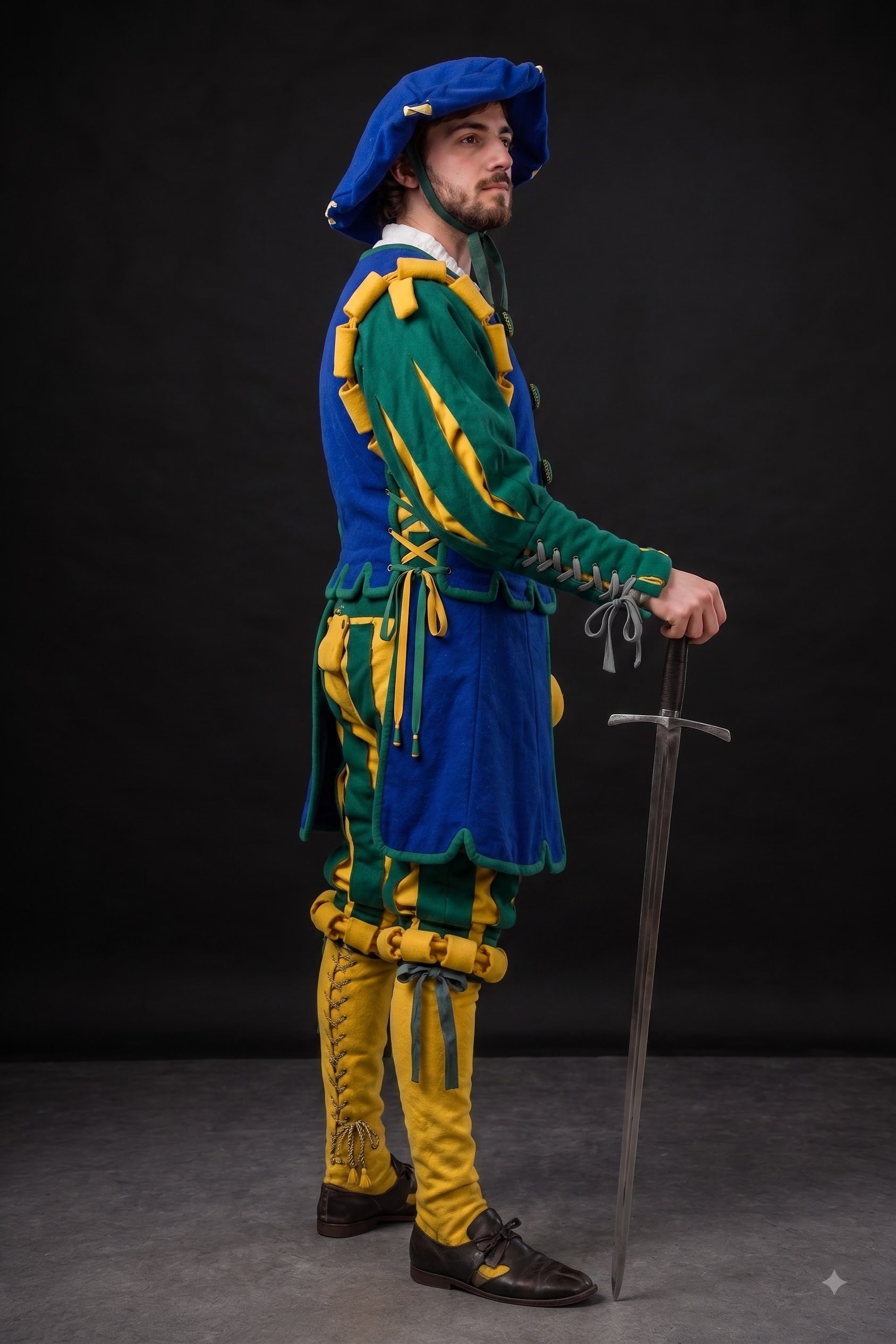 Men’s Medieval Landsknecht Jester Costume – Blue, Green & Gold Renaissance Courtier Outfit