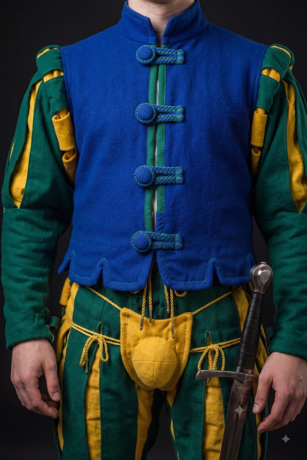 Men’s Medieval Landsknecht Jester Costume – Blue, Green & Gold Renaissance Courtier Outfit