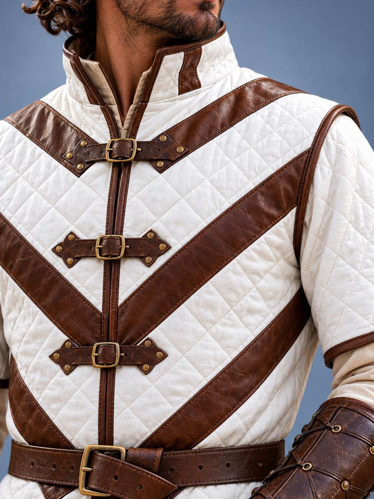 Men's Medieval Gambeson Tunic, White Brown Quilted Armor, LARP Reenactment Costume