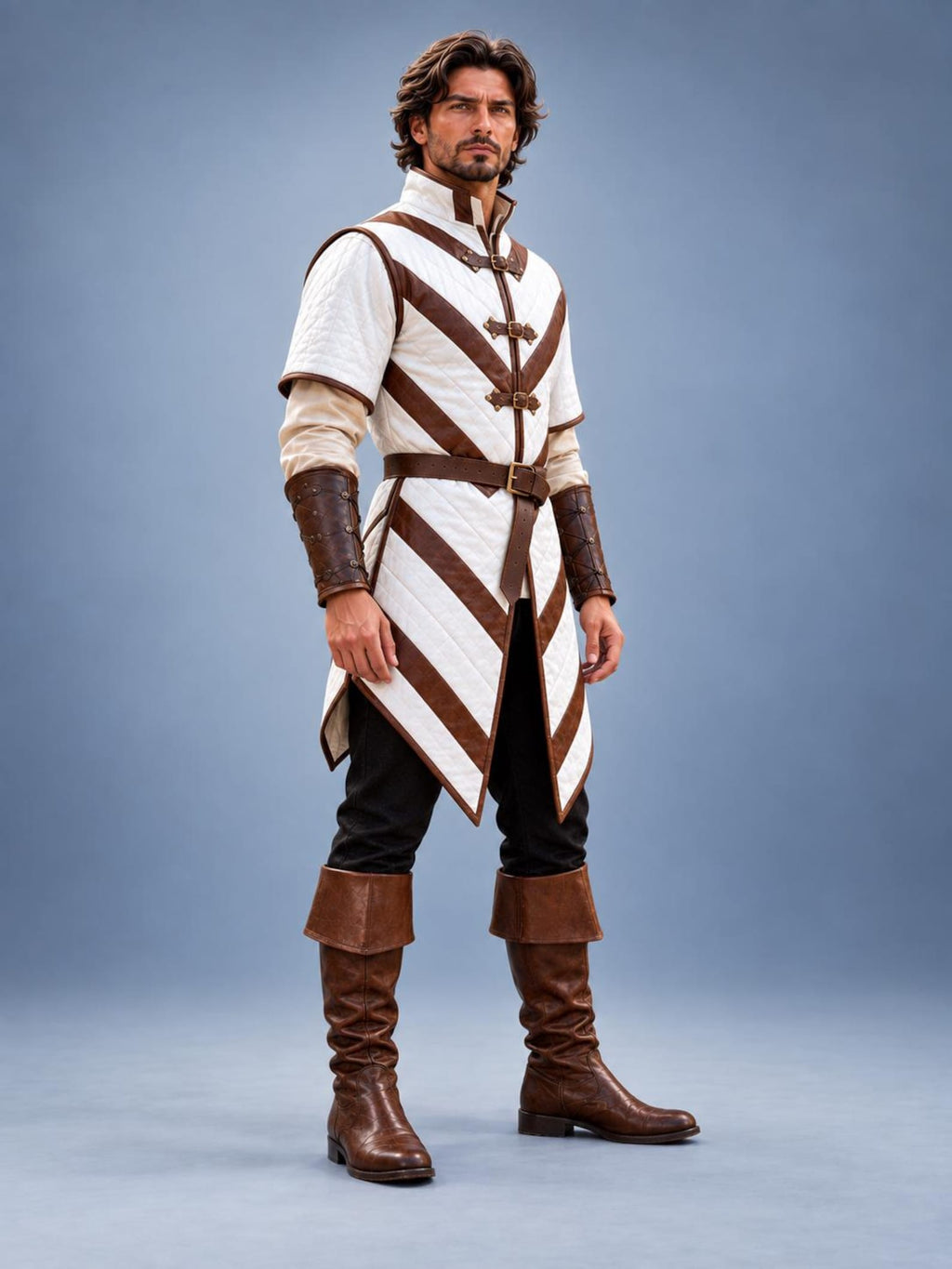 Men's Medieval Gambeson Tunic, White Brown Quilted Armor, LARP Reenactment Costume