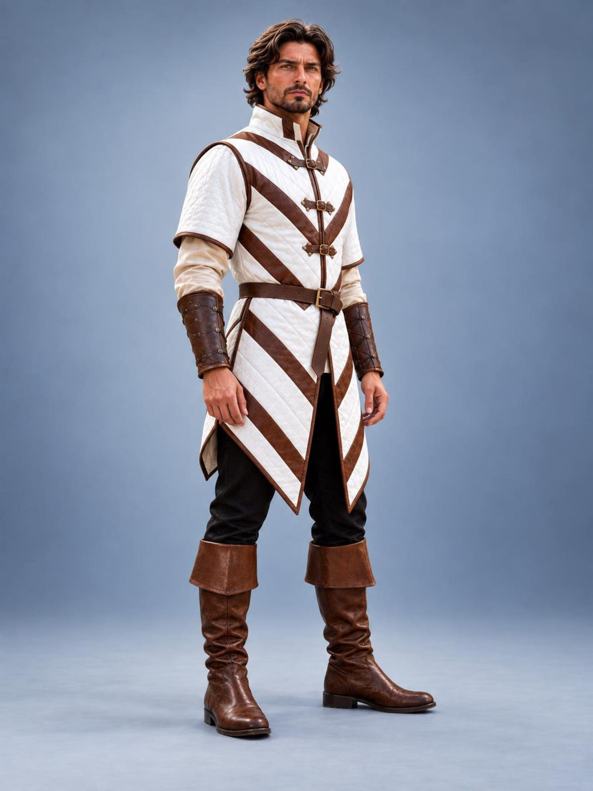 Men's Medieval Gambeson Tunic, White Brown Quilted Armor, LARP Reenactment Costume