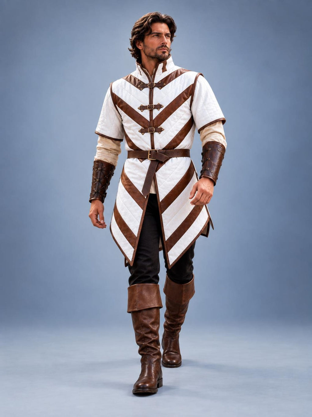 Men's Medieval Gambeson Tunic, White Brown Quilted Armor, LARP Reenactment Costume