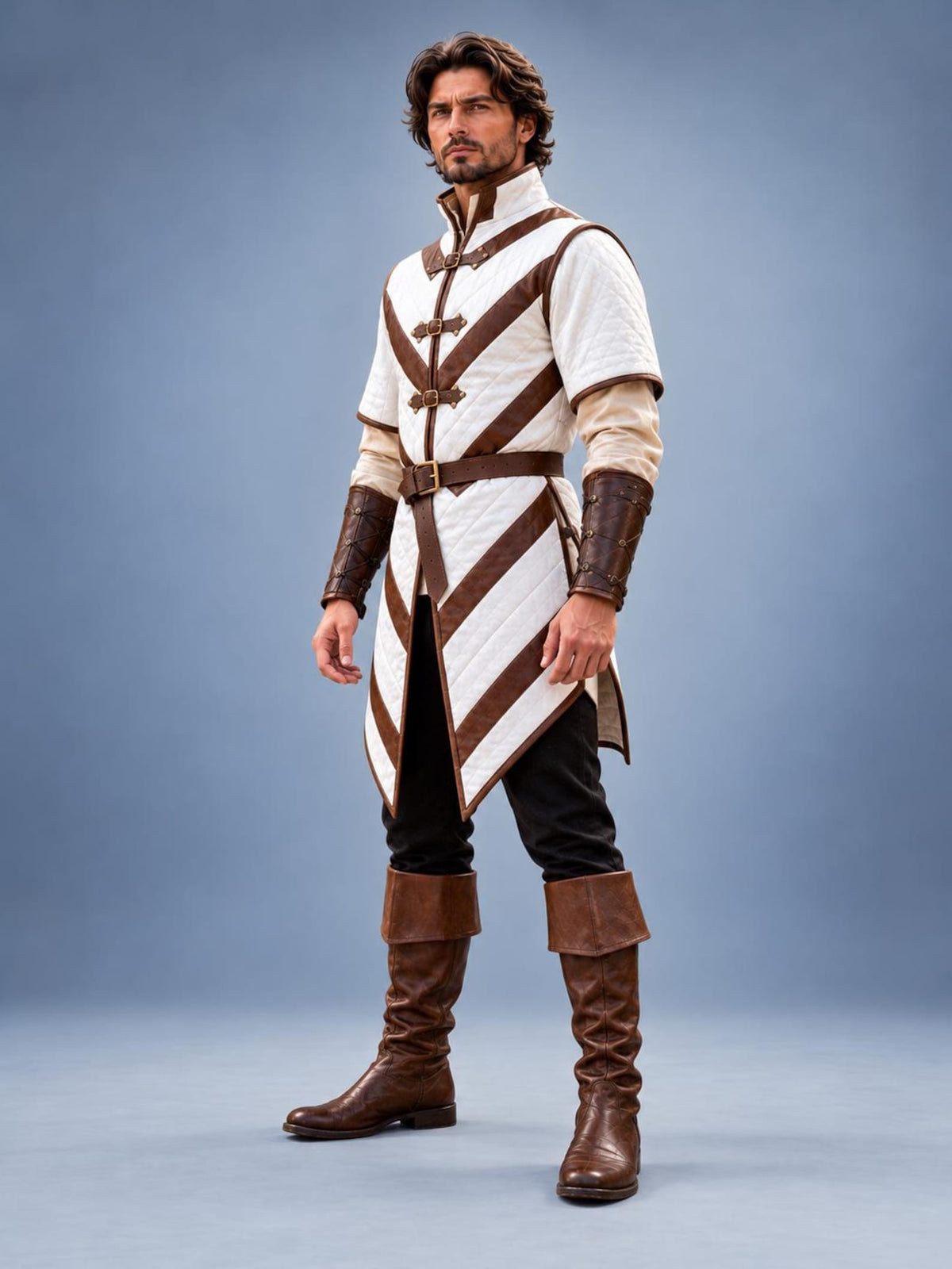 Men's Medieval Gambeson Tunic, White Brown Quilted Armor, LARP Reenactment Costume