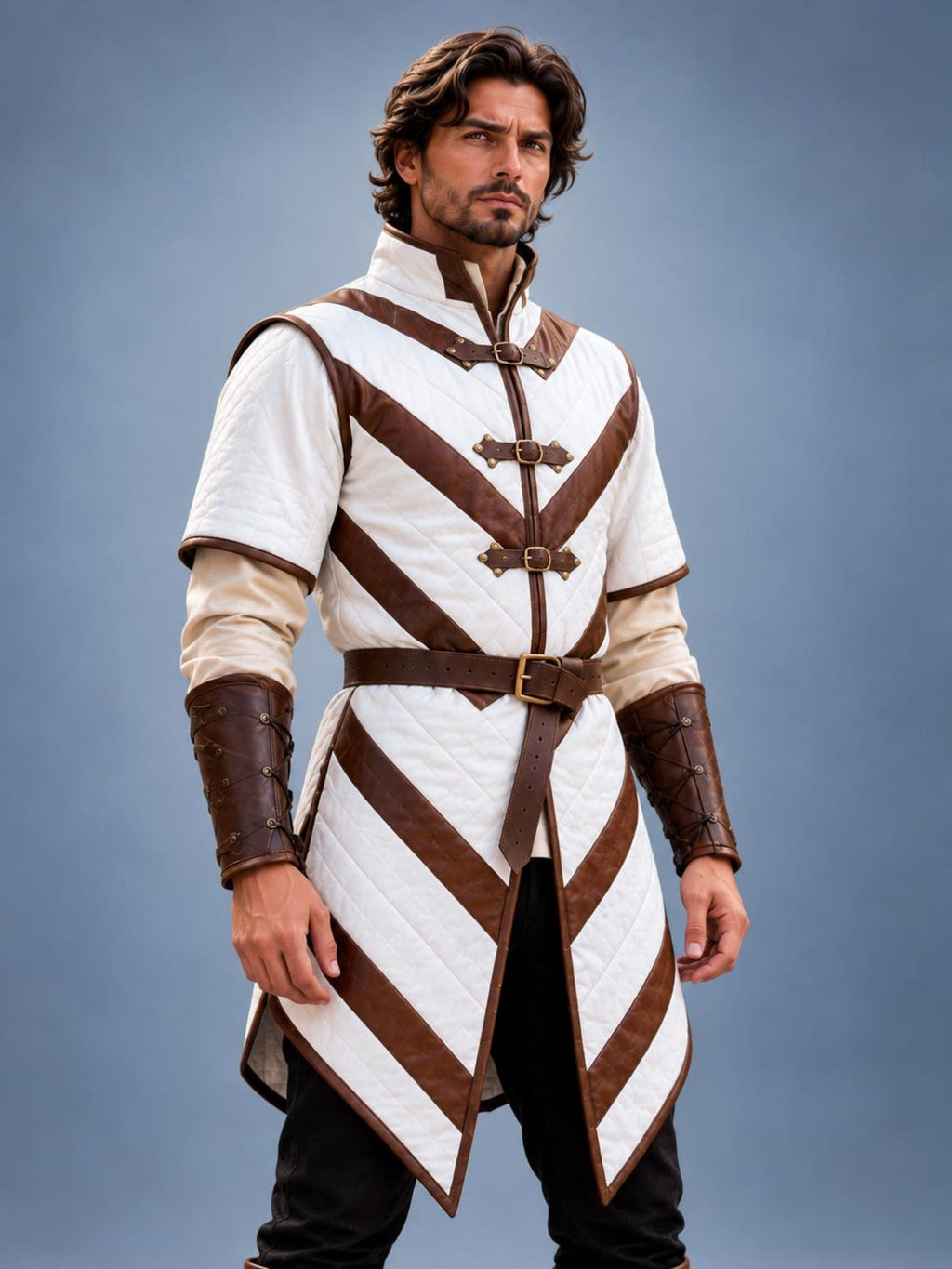 Men's Medieval Gambeson Tunic, White Brown Quilted Armor, LARP Reenactment Costume