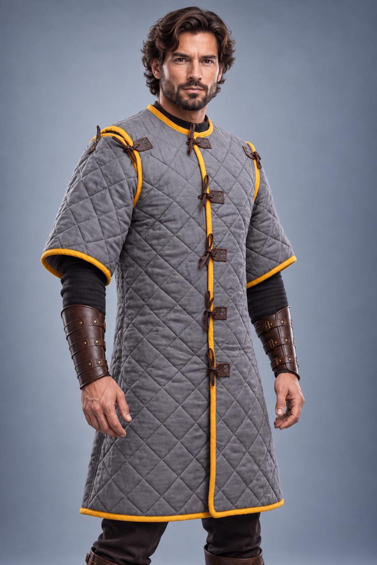 Men's Medieval Gambeson Coat, Grey Quilted Armor Tunic, LARP Knight Costume, Renaissance Outfit