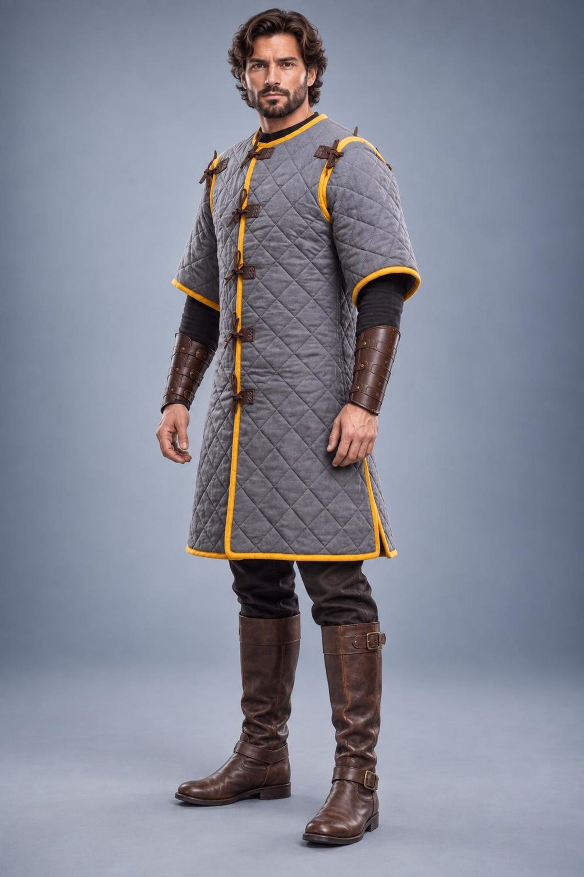 Men's Medieval Gambeson Coat, Grey Quilted Armor Tunic, LARP Knight Costume, Renaissance Outfit