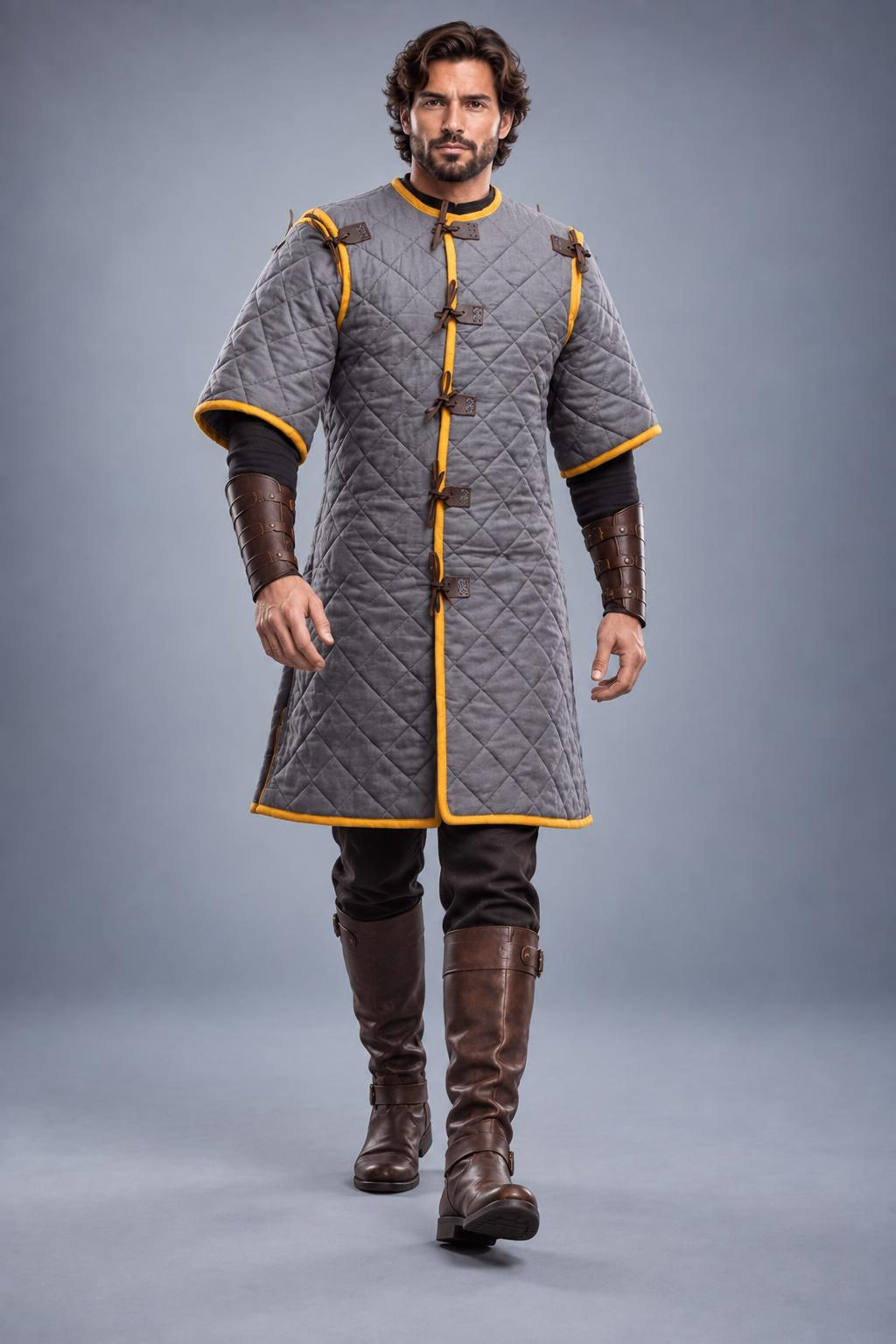 Men's Medieval Gambeson Coat, Grey Quilted Armor Tunic, LARP Knight Costume, Renaissance Outfit