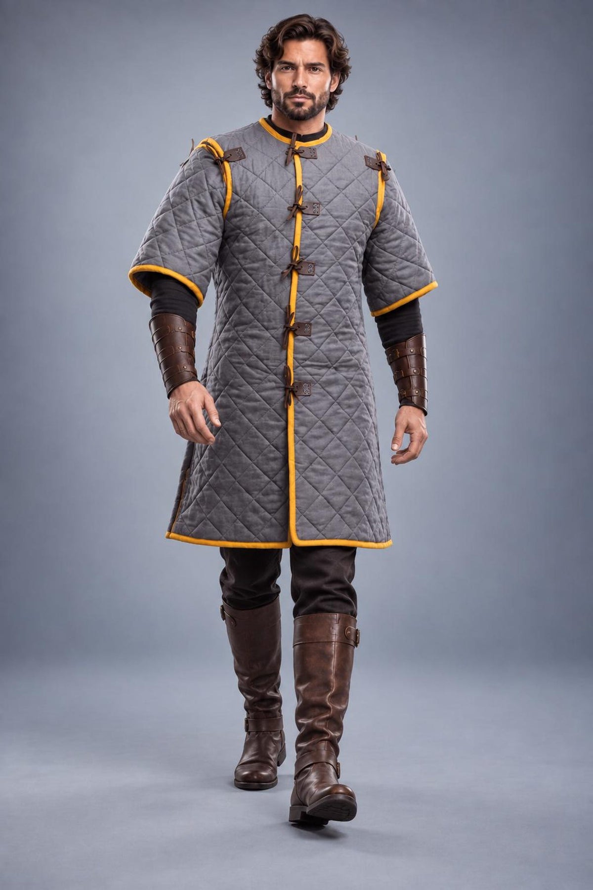 Men's Medieval Gambeson Coat, Grey Quilted Armor Tunic, LARP Knight Costume, Renaissance Outfit