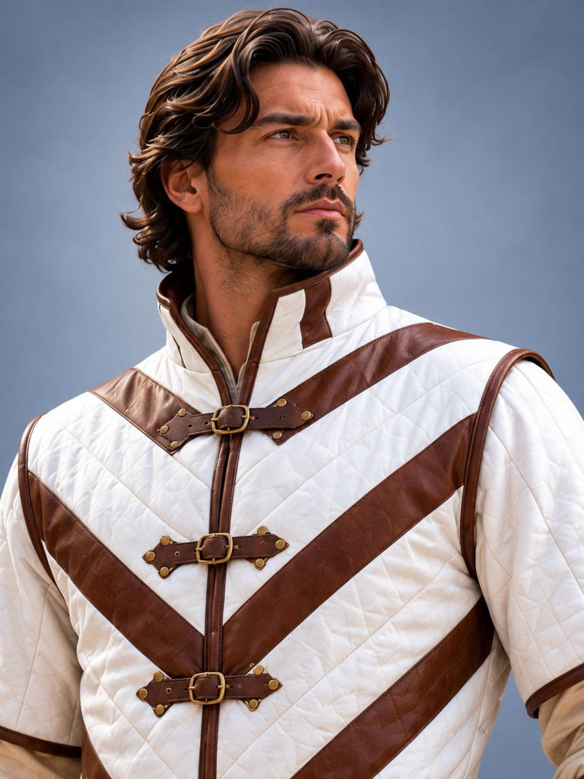 Men's Medieval Gambeson Tunic, White Brown Quilted Armor, LARP Reenactment Costume